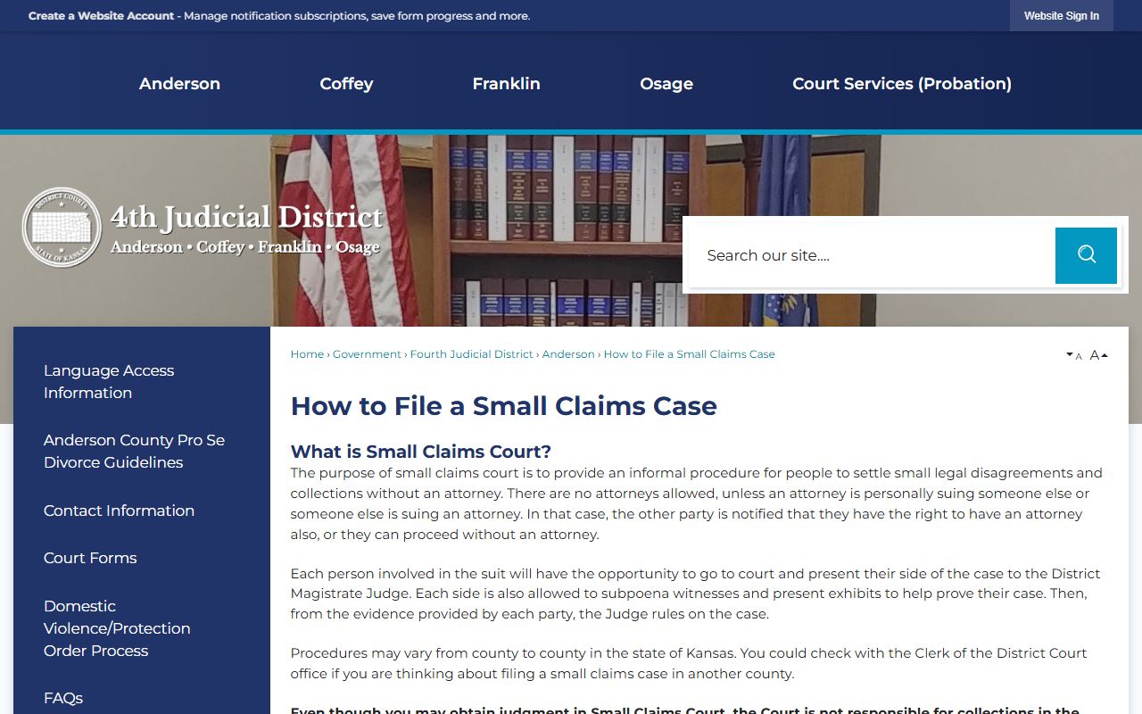 Coffey County court records Fourth Judicial District small claims page