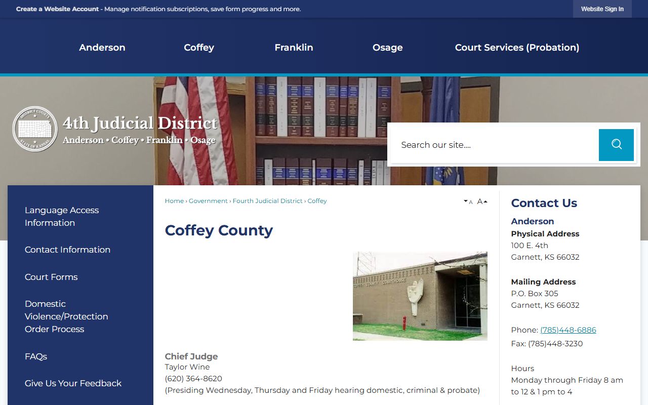 Coffey County District Court records contact page