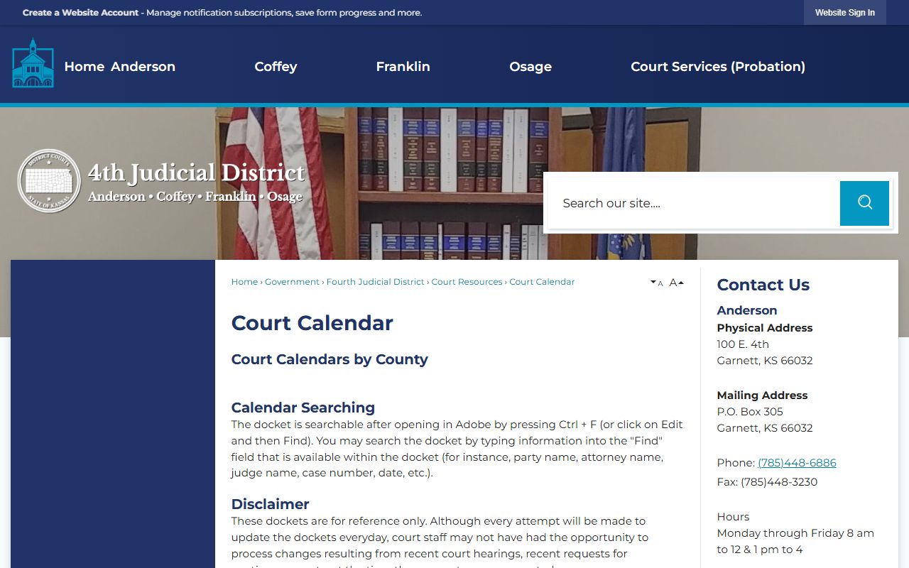 Coffey County court dockets Fourth Judicial District calendar page