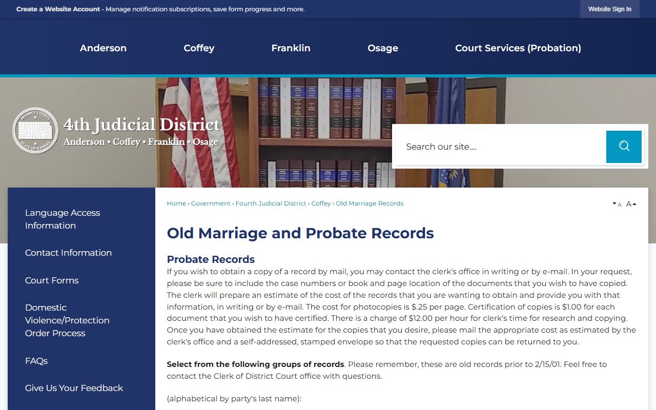 Coffey County marriage and probate court records old index