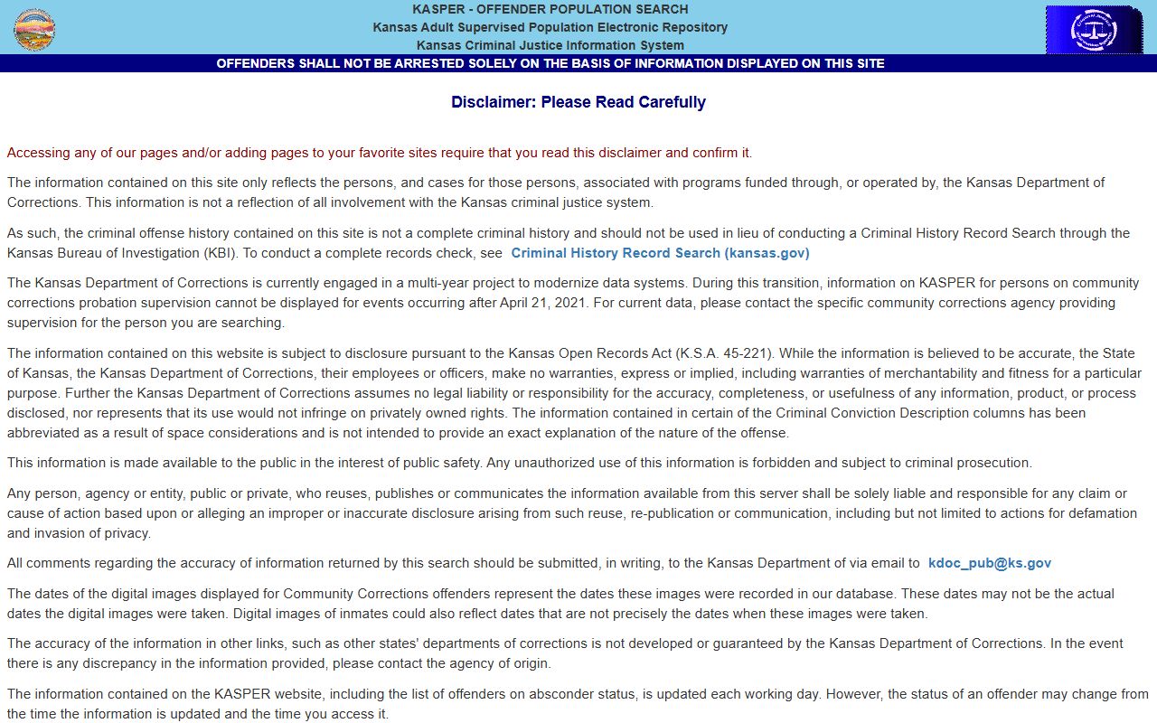 Coffey County inmate records and KDOC KASPER offender search disclaimer