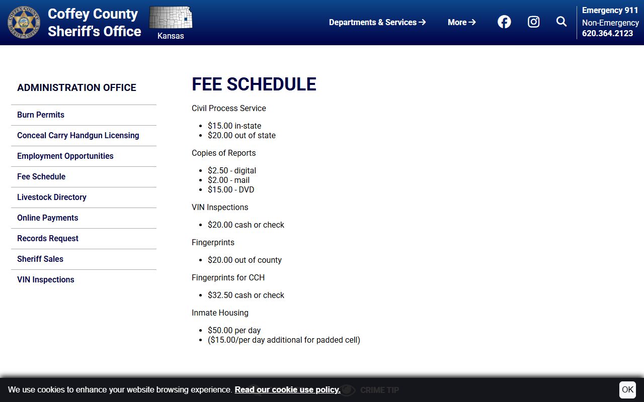 Coffey County inmate records and Sheriff fee schedule