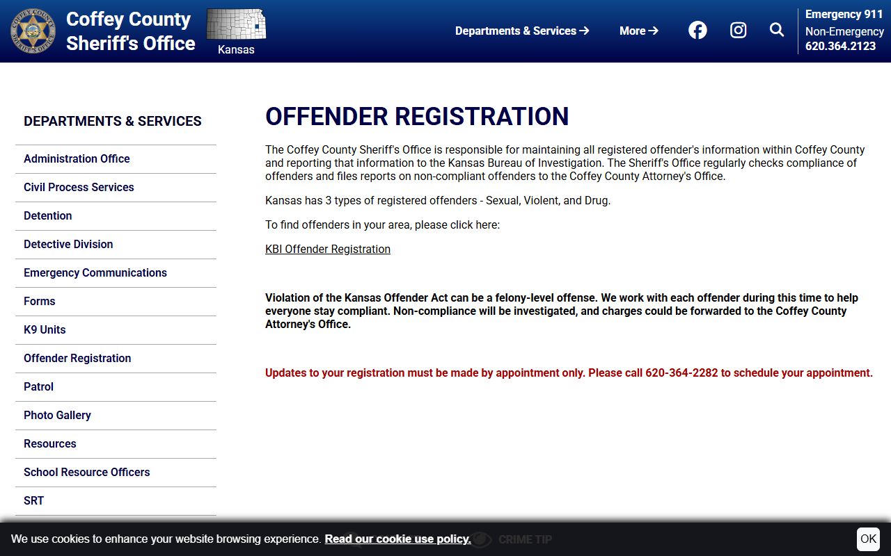 Coffey County inmate records and Sheriff offender registration page