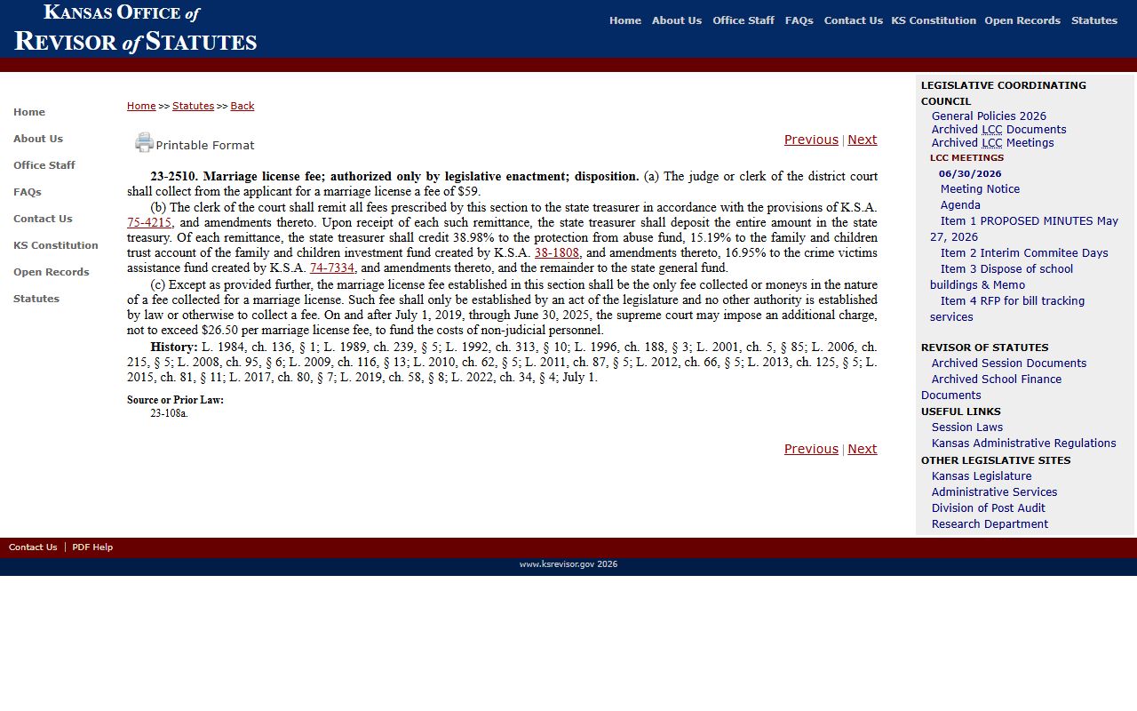 Kansas statute page for marriage license fee