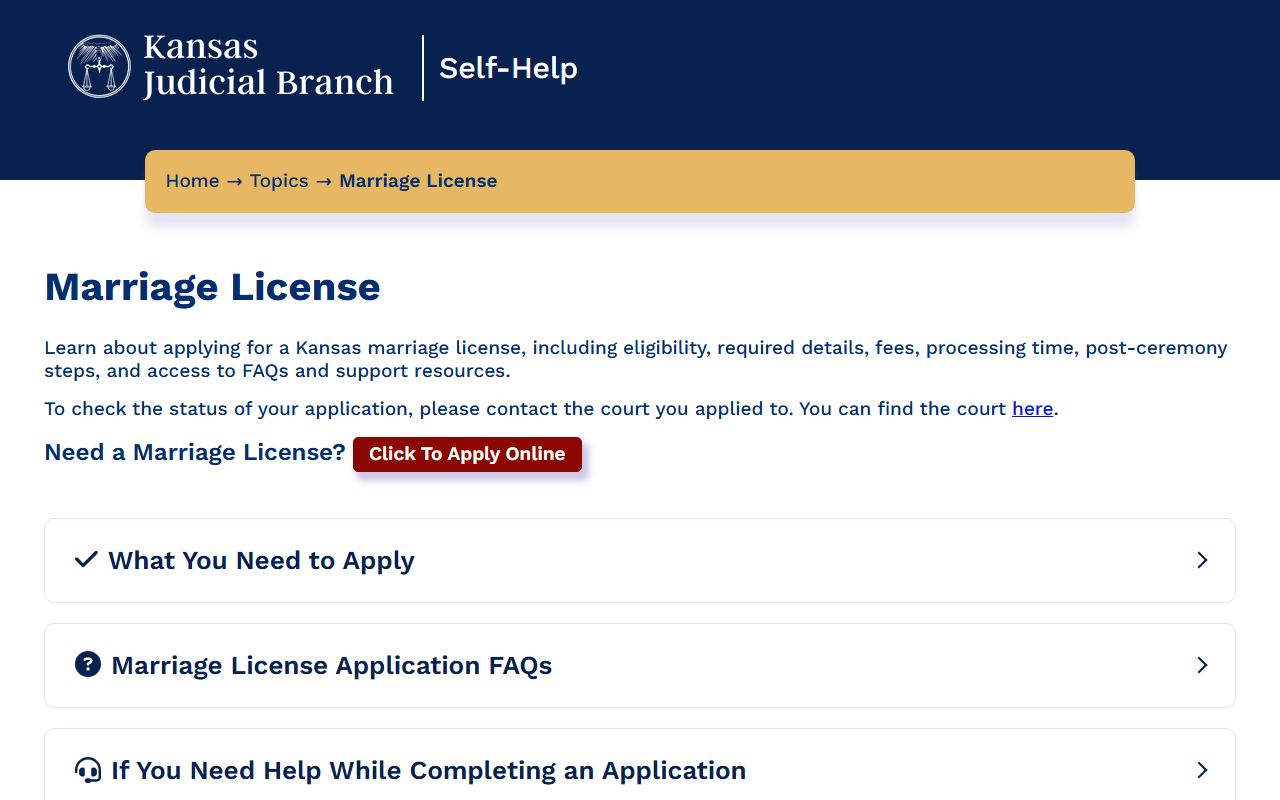 Kansas Courts Self-Help marriage license information page
