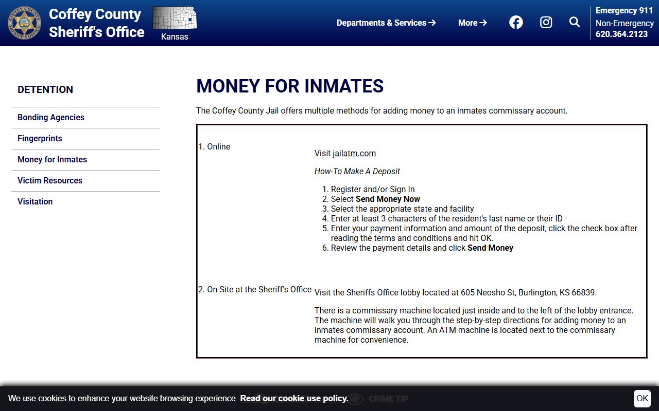 Coffey County warrant search and commissary deposit instructions