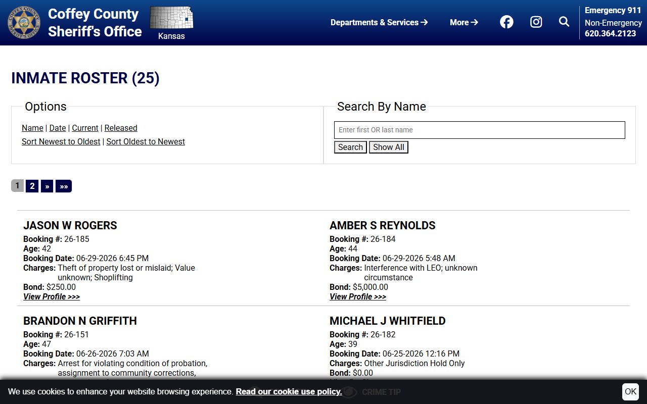Coffey County warrant search and current inmate roster entries
