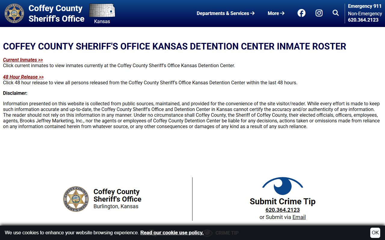 Coffey County warrant search and Sheriff inmate roster disclaimer